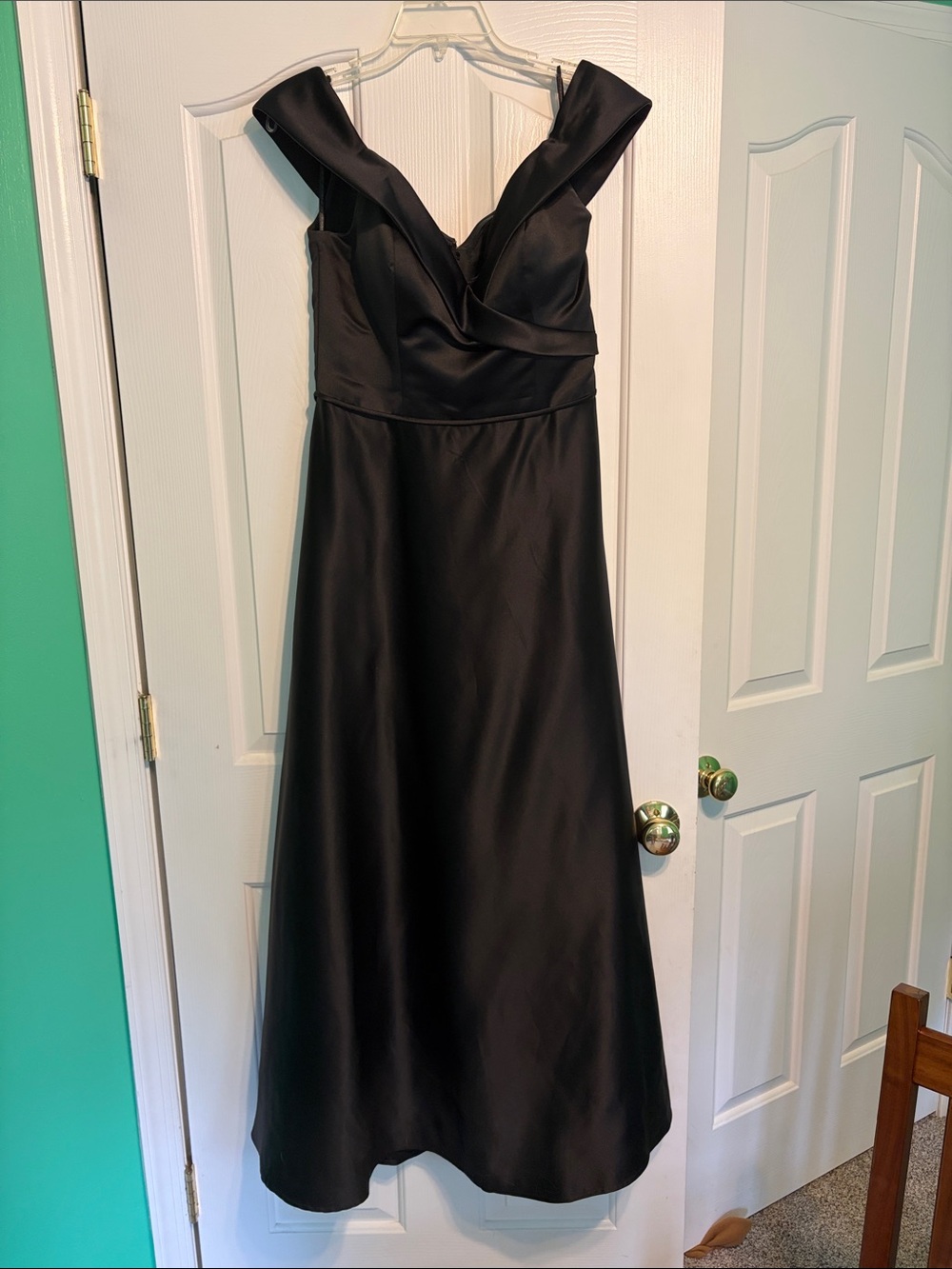 Mori Lee Black Satin V-Neck Strap Evening Gown